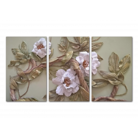 Модульная картина 3D цветы на фисташковой стене, 3D-001